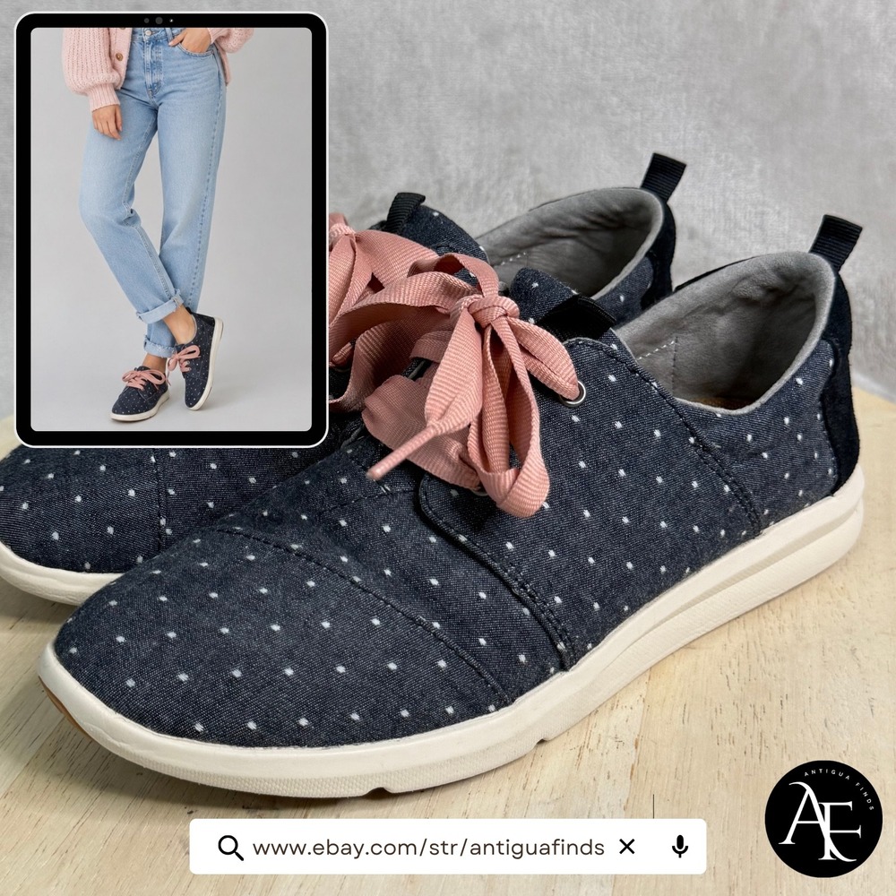 TOMS Del Rey Navy Polka Dot Pink Ribbon Lace Up Sneakers 10011745 Womens 8